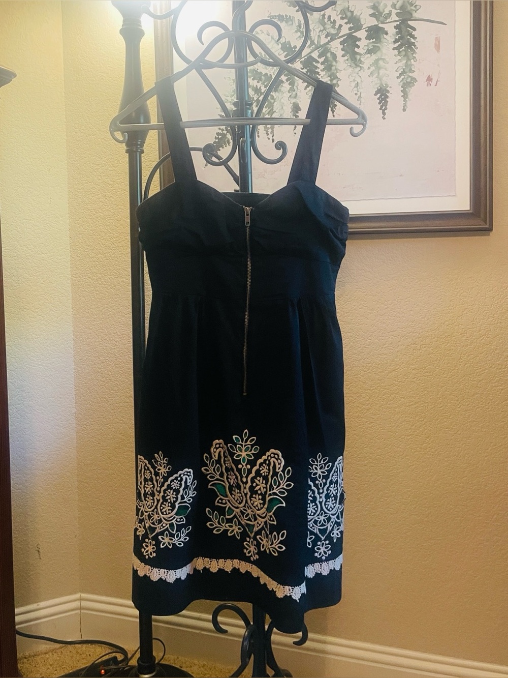 Floreat Black Sundress with Green & Cream Embroidery